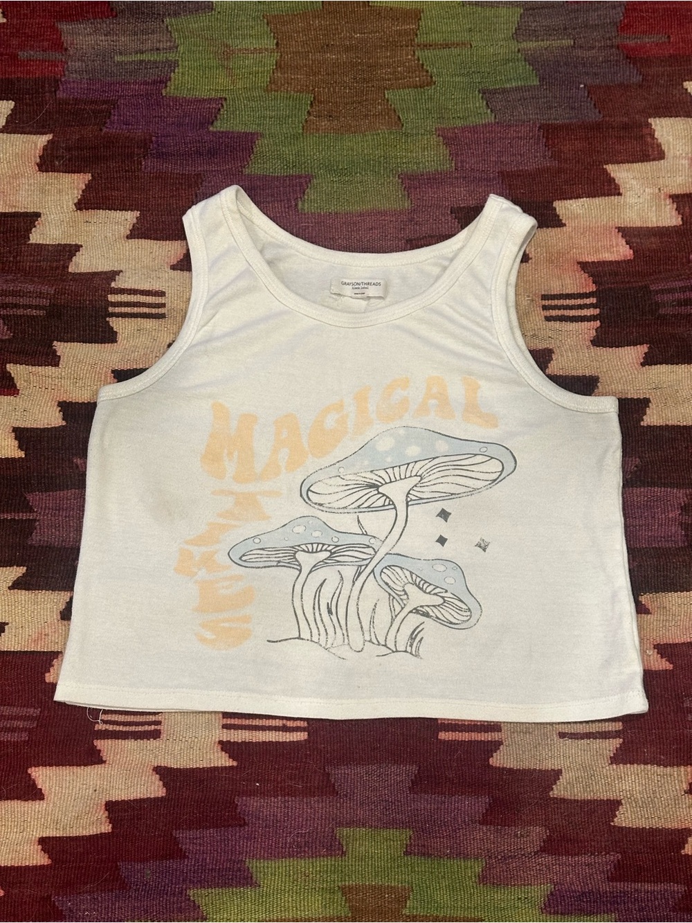 Grayson Threads White Tank Top with Yellow 'Magical' & Blue Mushroom Graphic